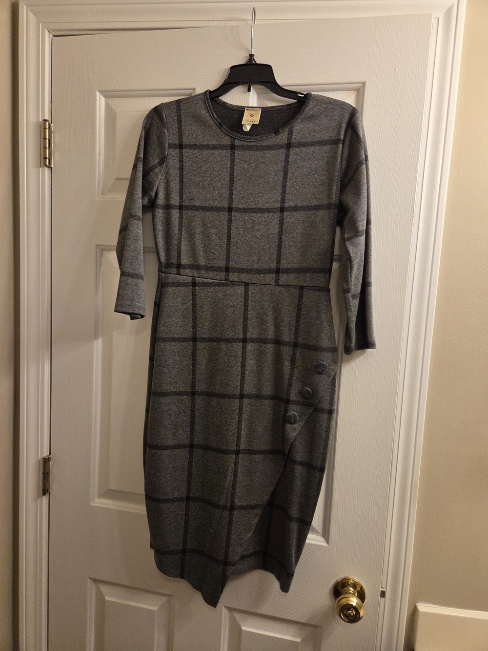 Gypsy Gray Windowpane Knit Midi Dress with Asymmetrical Button Detail